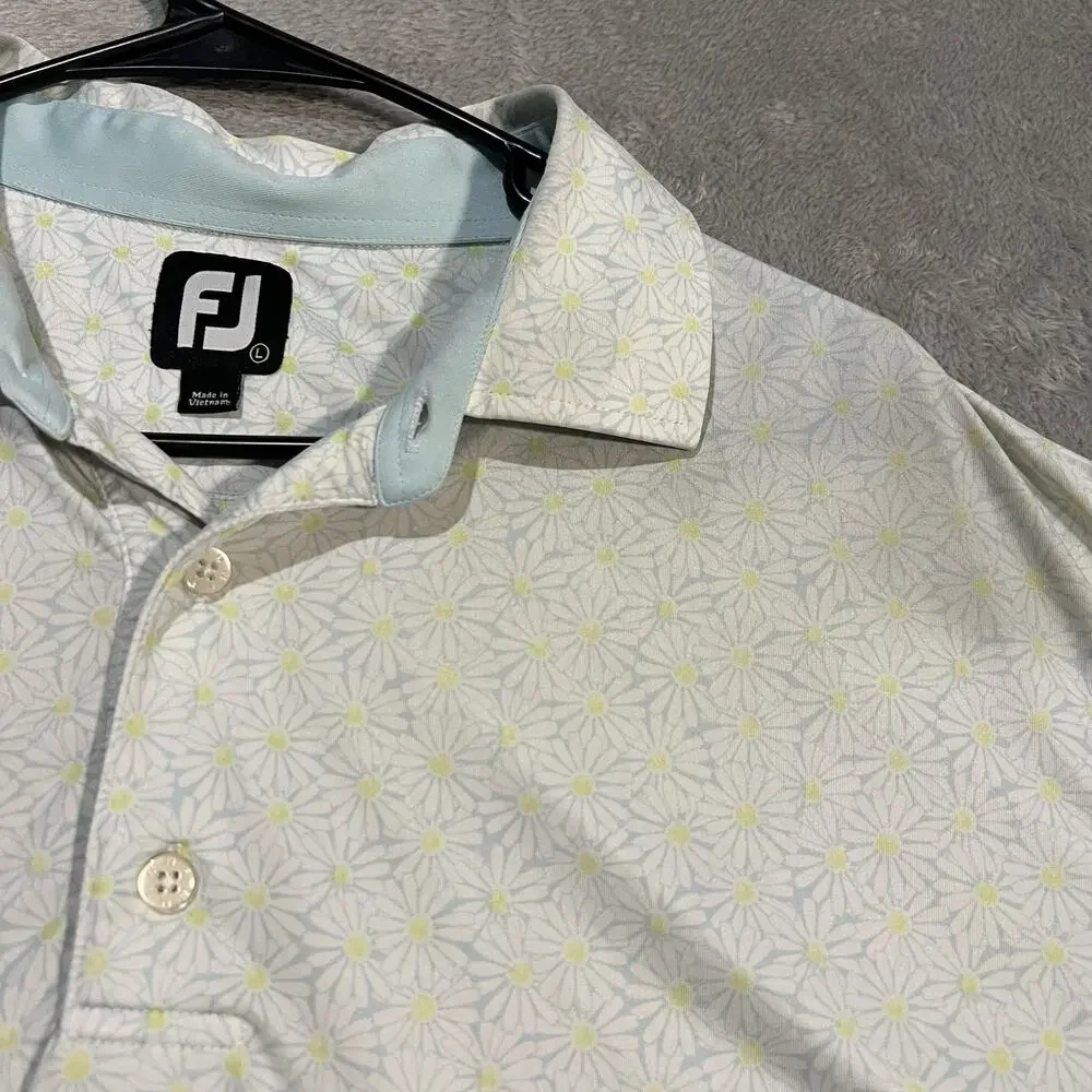 FootJoy Lisle Polo Shirt Mens Large White Floral Golf Performance Stretch 26547